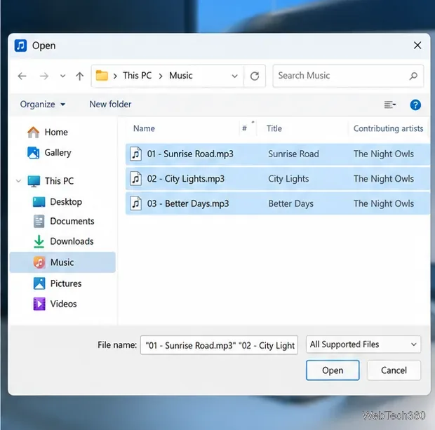 Sélecteur de fichiers musicaux Windows avec trois exemples de pistes MP3 sélectionnées pour la recherche de paroles