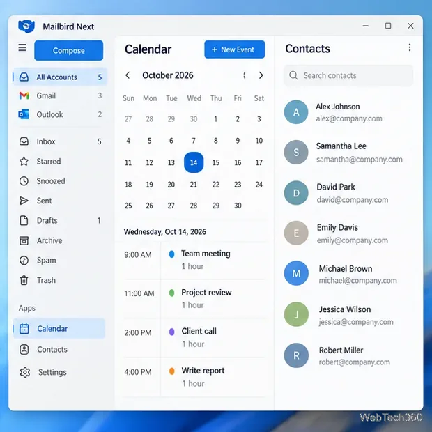 Mailbird Nextのワークスペースには、メールアカウントの横にネイティブのカレンダーと連絡先エリアが開いています。