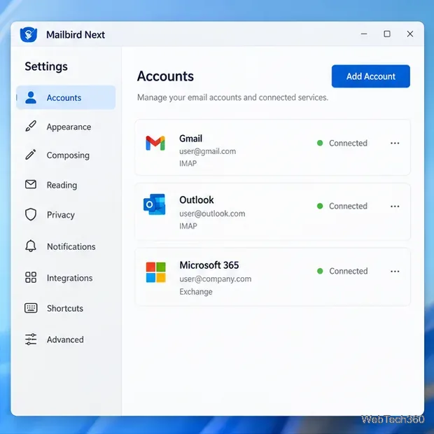 Mailbird Nextのアカウント設定（Gmail、Outlook、Microsoft 365接続を含む）