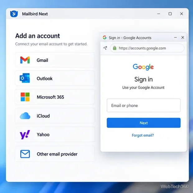 Mailbird Nextでは、Gmail、Outlook、Microsoft 365、iCloud、Yahoo、およびその他のプロバイダーオプションを含むアカウント画面を追加できます。