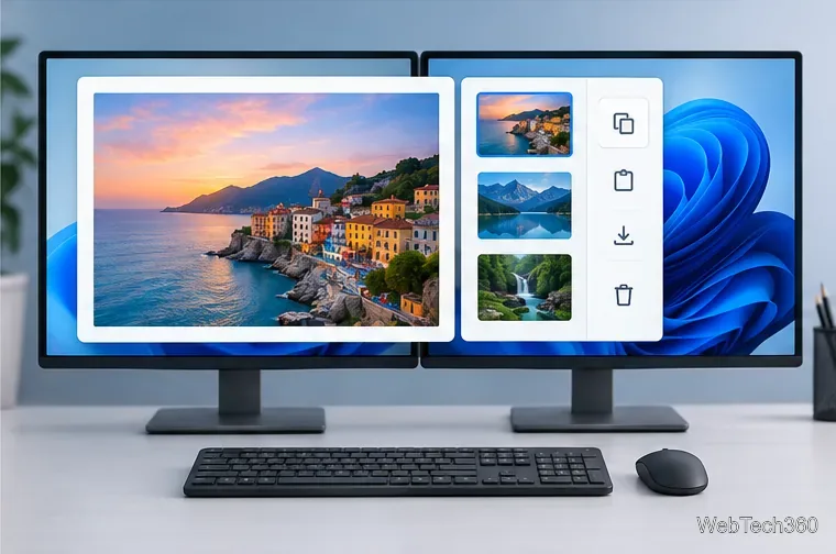 Ilustrație a unei instantanee de monitor salvate cu un mic meniu pentru răsfoire, copiere sau salvare a capturilor