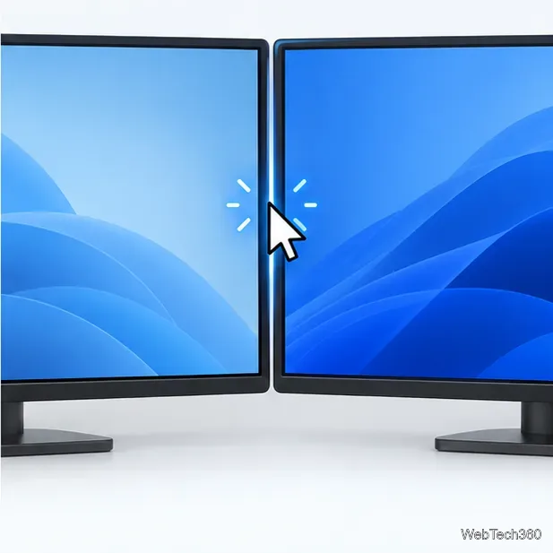 Ilustrație cu două monitoare care arată indicatorul mouse-ului oprit la limita dintre afișaje