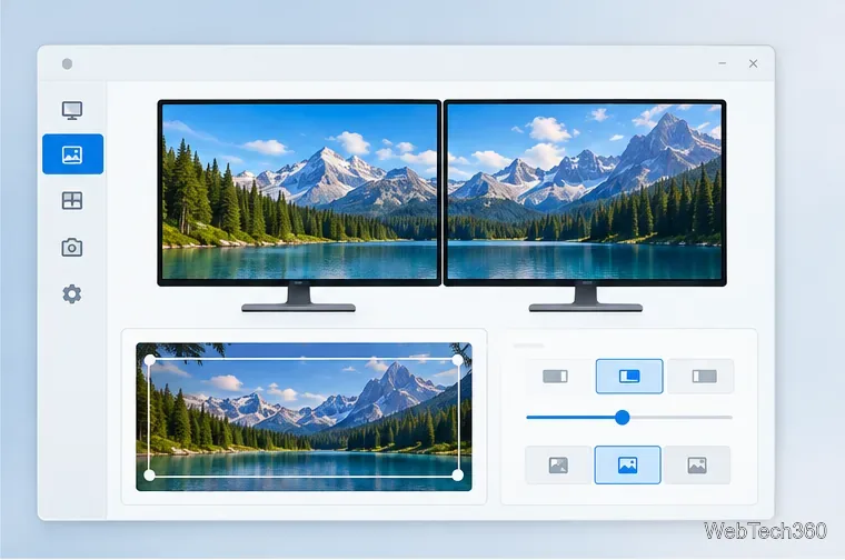 Un peisaj panoramic încadrat pe două ecrane de monitor, cu controale de poziționare a imaginii dedesubt