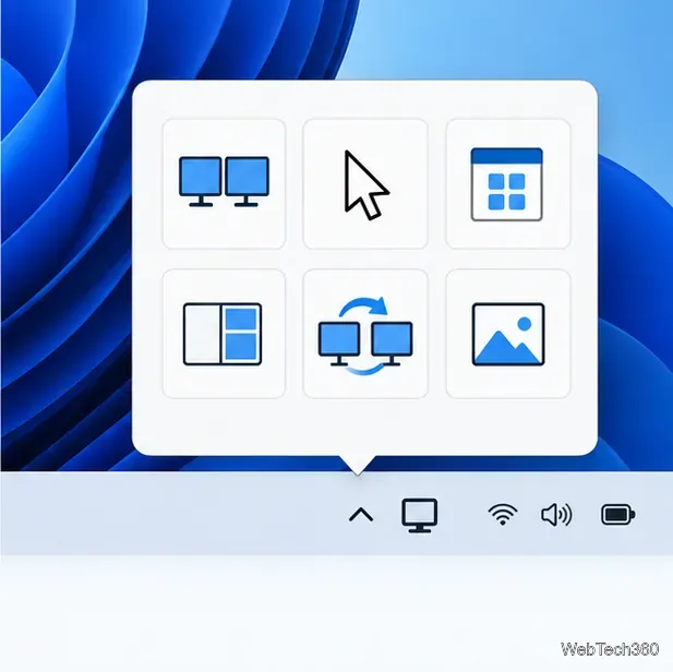 Ilustrație a unui meniu utilitar din zona de notificare Windows cu pictograme pentru monitor, cursor, lansator, aliniere, mișcare fereastră și instrumente de fundal