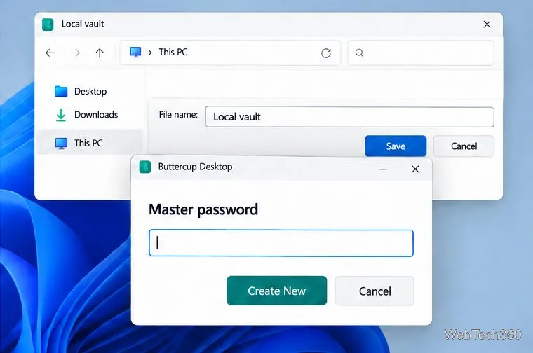رسم توضيحي لنافذة حفظ ويندوز ومطالبة كلمة المرور الرئيسية لبرنامج Buttercup لإنشاء خزنة جديدة