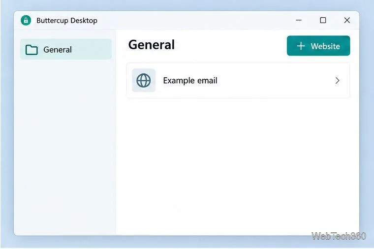 رسم توضيحي لمجموعة "عام" في برنامج Buttercup Desktop مع مثال محفوظ لتسجيل الدخول إلى موقع ويب