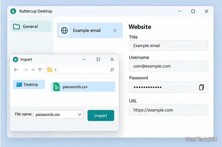 رسم توضيحي لأداة اختيار ملفات الاستيراد في برنامج Buttercup Desktop مع تحديد خيار تصدير كلمة المرور
