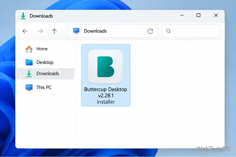 رسم توضيحي لبرنامج تثبيت Buttercup Desktop في مجلد التنزيلات الخاص بنظام Windows