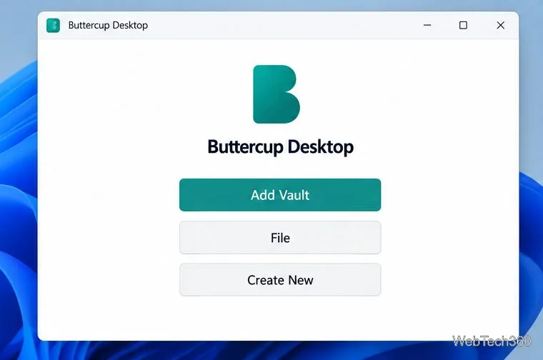 رسم توضيحي لشاشة إضافة خزنة في برنامج Buttercup Desktop مع خياري "ملف" و"إنشاء جديد".