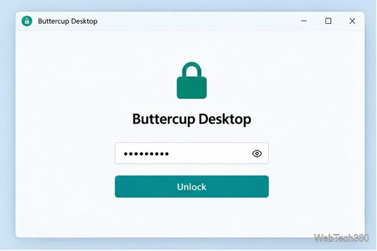 رسم توضيحي لبرنامج Buttercup Desktop يطلب كلمة المرور الرئيسية لفتح خزنة