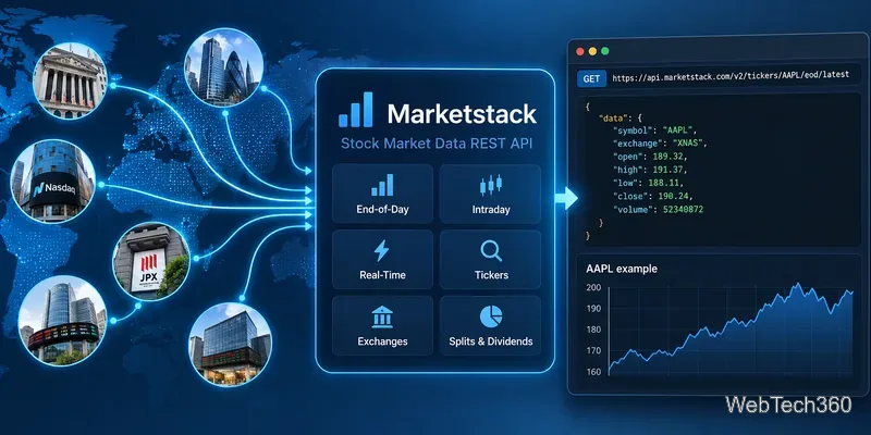 Marketstack REST API を介して JSON に流れるグローバル市場データの概念図とアプリケーションチャート