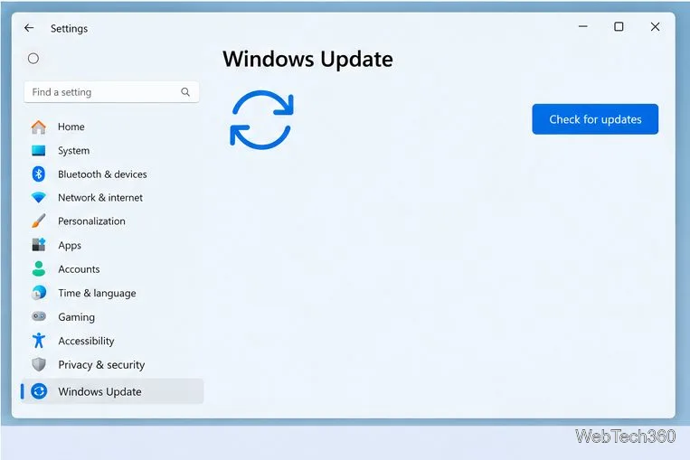 Setările Windows 11 de pe pagina Windows Update cu butonul Căutare actualizări vizibil.