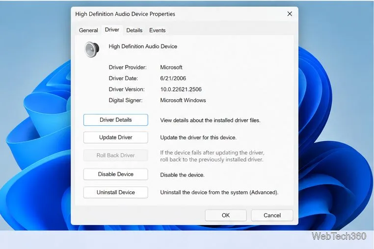 Fereastra Proprietăți dispozitiv audio Windows 11 din fila Driver cu opțiunea Revenire la driver vizibilă.