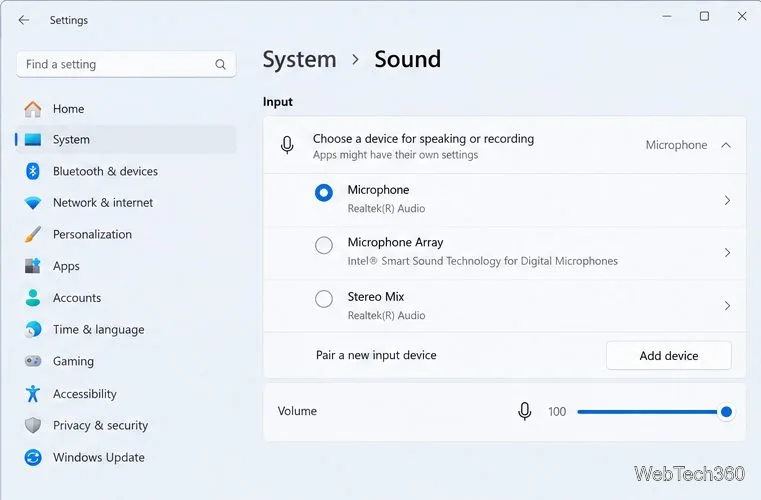 Setările de sunet din Windows 11 afișează lista de dispozitive de intrare cu un microfon selectat.