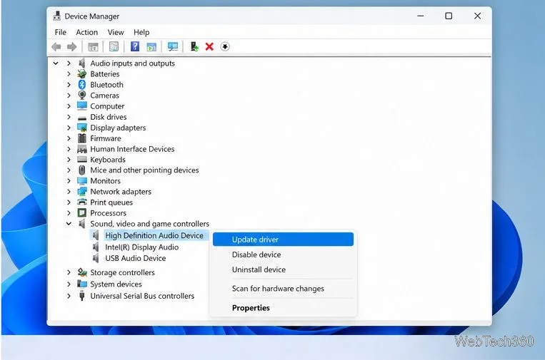 Manager dispozitive Windows 11 cu un dispozitiv audio selectat și opțiunea Actualizare driver evidențiată.