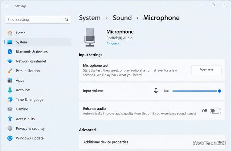 Pagina de proprietăți a microfonului în Windows 11 cu controalele Start test și Input volume.