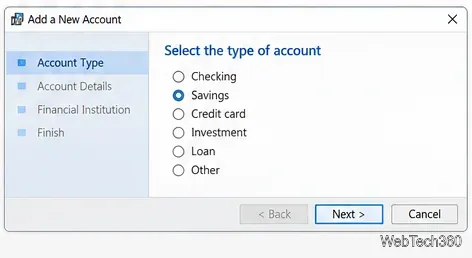 Пример: В окне «Добавить новую учетную запись» в Microsoft Money отображаются типы счетов: расчетные, сберегательные, кредитные карты, инвестиционные и кредитные.