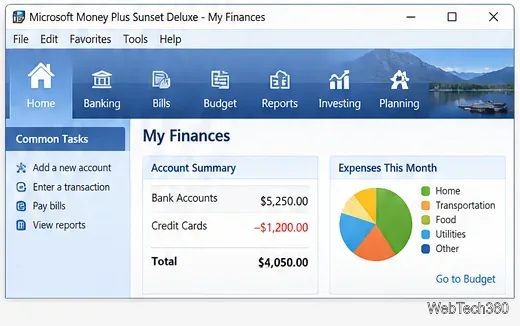 Пример классической панели мониторинга Microsoft Money с разделами «Банковские операции», «Счета», «Бюджет», «Отчеты» и «Инвестиции».