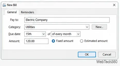 Пример окна «Новый счет» в Microsoft Money с полями «Получатель», «Категория», «Срок оплаты» и «Сумма».