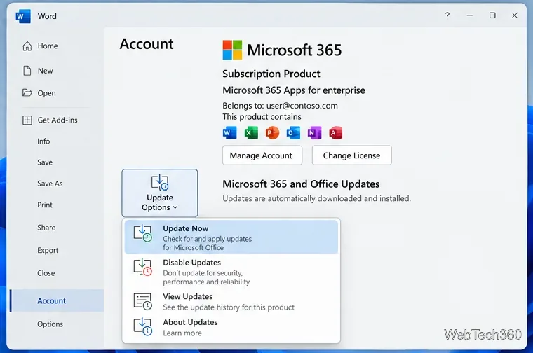 Страница учетной записи Microsoft Word с меню «Параметры обновления» и выбранным пунктом «Обновить сейчас».