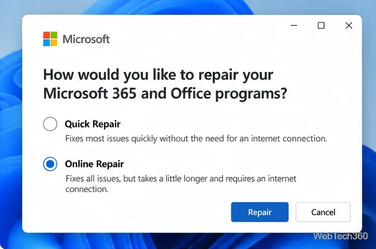 Диалоговое окно восстановления Microsoft 365 с вариантами «Быстрое восстановление» и «Онлайн-восстановление».