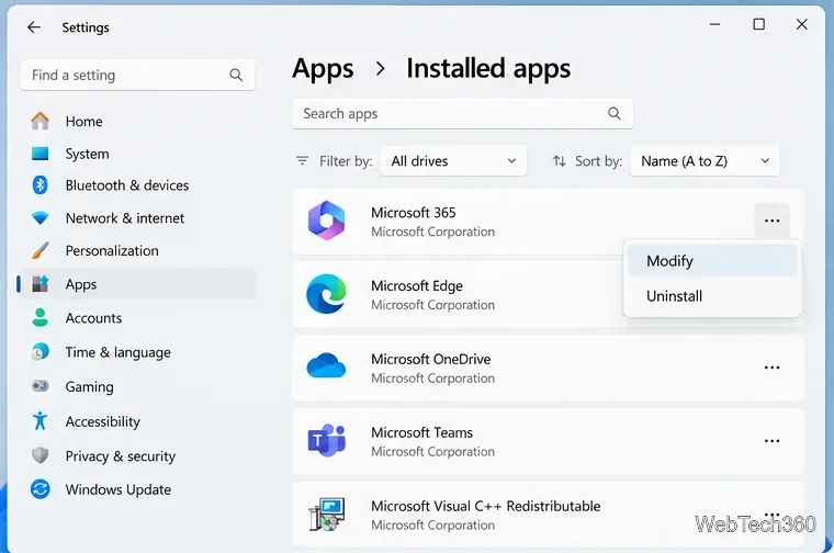 Страница установленных приложений Windows 11 с меню Microsoft 365, отображающим пункты «Изменить» и «Удалить».