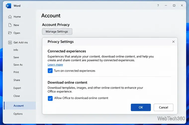 Настройки конфиденциальности учетной записи Word, отображающие связанные функции и элементы управления загрузкой онлайн-контента.