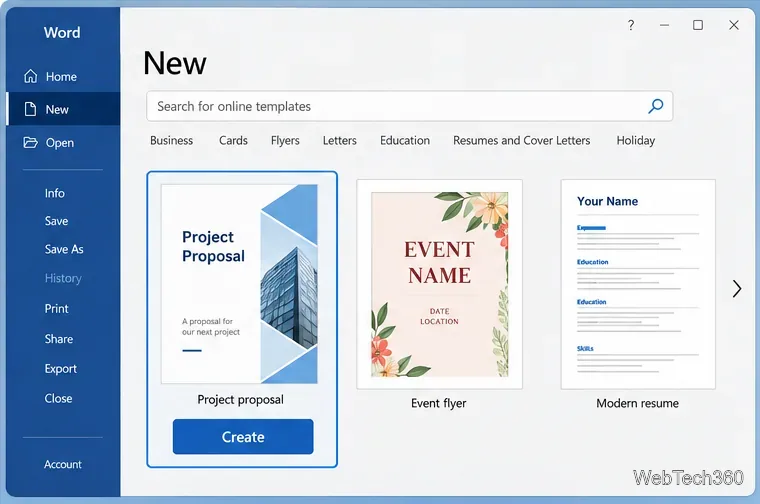 В Microsoft Word создана новая страница с выбранным шаблоном предложения по проекту и доступной кнопкой «Создать».