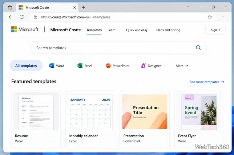 Галерея шаблонов Microsoft в браузере с категориями шаблонов Word, Excel и PowerPoint.
