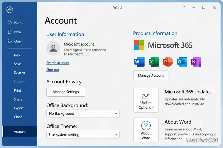 Страница учетной записи Microsoft Word с выходом из системы, настройками конфиденциальности учетной записи и средствами управления обновлениями Microsoft 365.