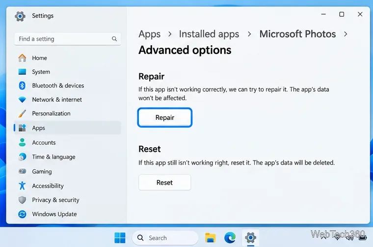 Page d'illustration des options avancées de Windows 11 pour Microsoft Photos, avec les commandes de réparation et de réinitialisation visibles.