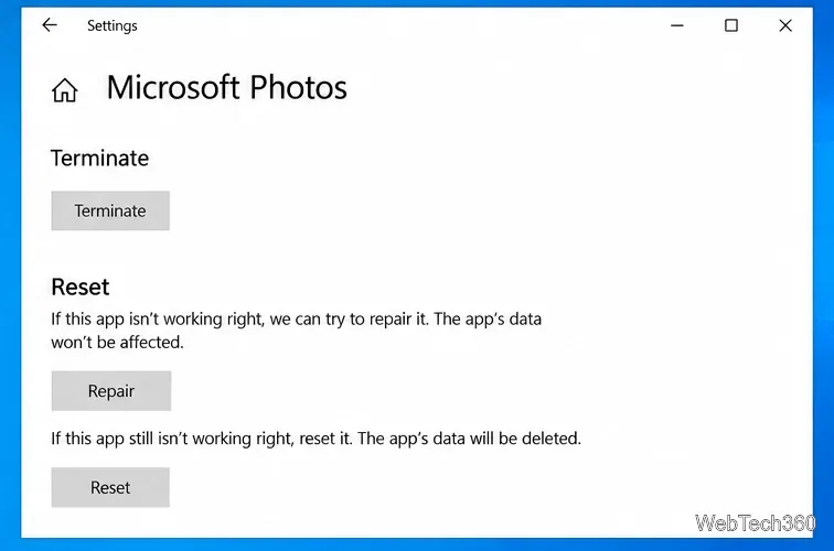 Windows 10のMicrosoftフォトの詳細オプションページに、修復とリセットのコントロールが表示されています。