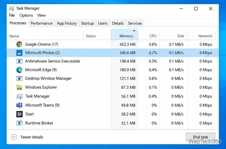 Windows 10のタスクマネージャーで、Microsoft Photosが選択され、「タスクの終了」ボタンが表示されている状態。