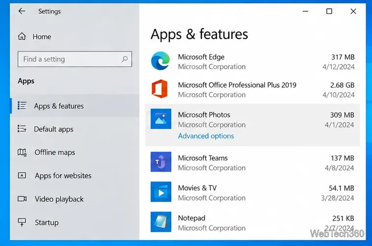 Windows 10の設定画面で、アプリと機能のページにMicrosoftフォトが選択され、詳細オプションが表示されている状態。