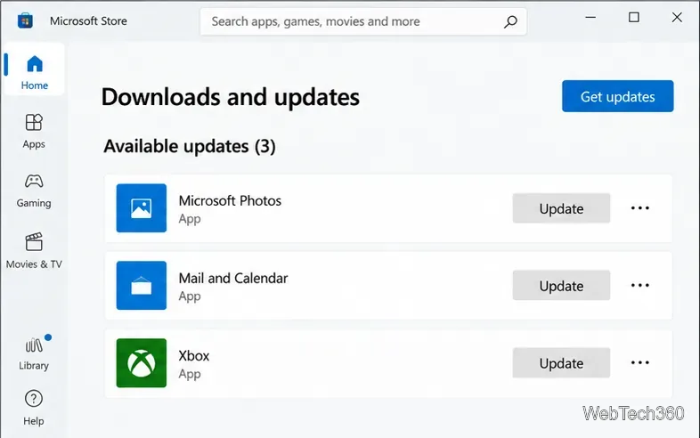 Microsoft Storeのダウンロードと更新ページ。「更新プログラムを入手」ボタンが表示され、更新リストにMicrosoft Photosが含まれています。