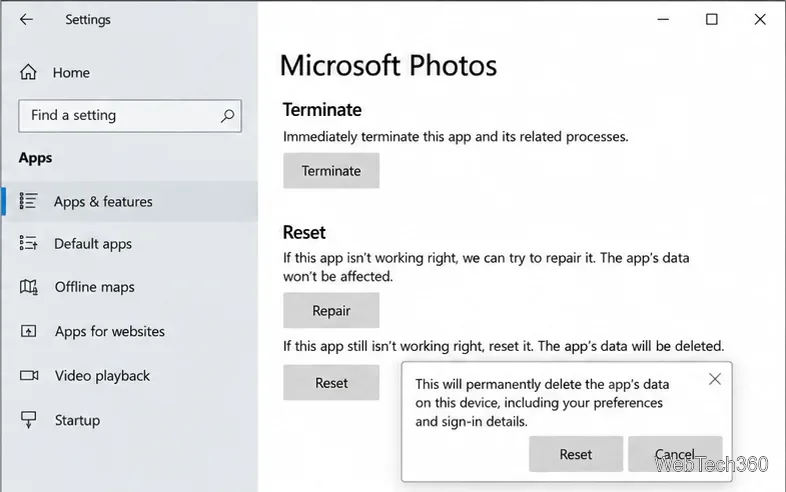 Windows 10 の設定画面で、Microsoft フォトのリセット確認ダイアログが表示されます。