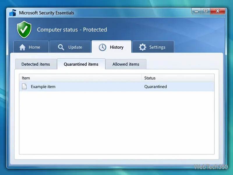 Recriação ilustrativa do histórico do Microsoft Security Essentials com categorias de itens detectados, em quarentena e permitidos.