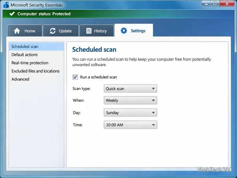 Recriação ilustrativa da tela de Configurações do Microsoft Security Essentials legado, com controles de verificação agendada.
