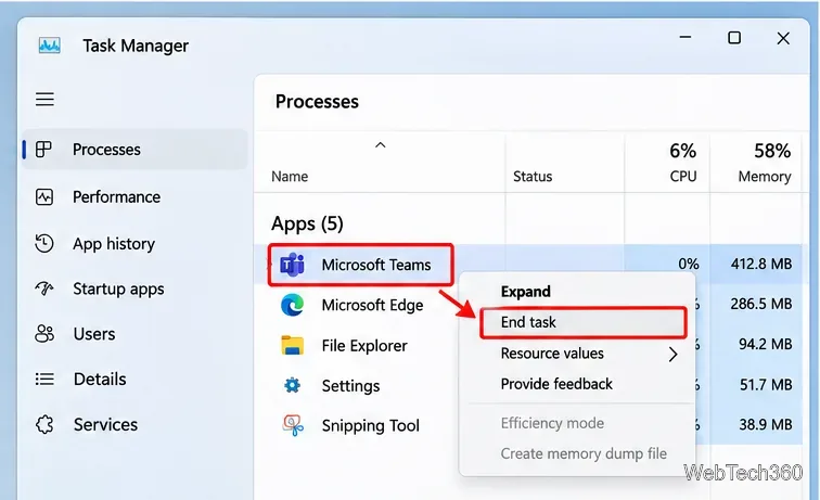 Meniul contextual al Managerului de activități care afișează Încheiere activitate pentru Microsoft Teams