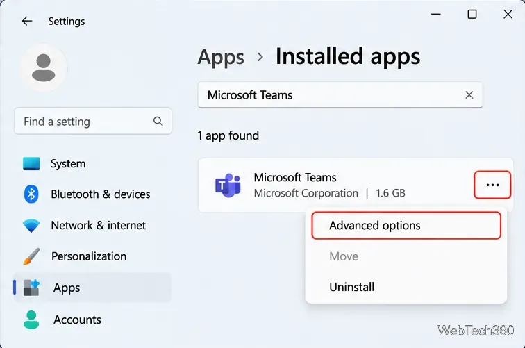Pagina cu aplicațiile instalate din Windows 11 cu opțiunile avansate din Microsoft Teams selectate