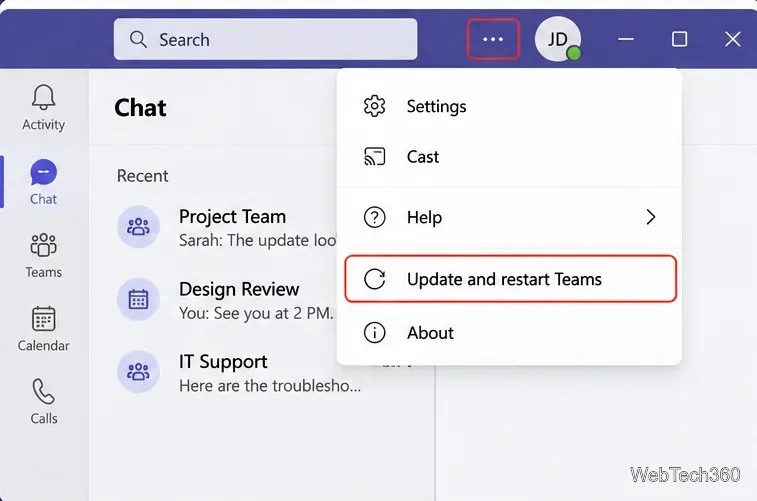 Meniul Setări Microsoft Teams și altele care afișează Actualizare și repornire Teams