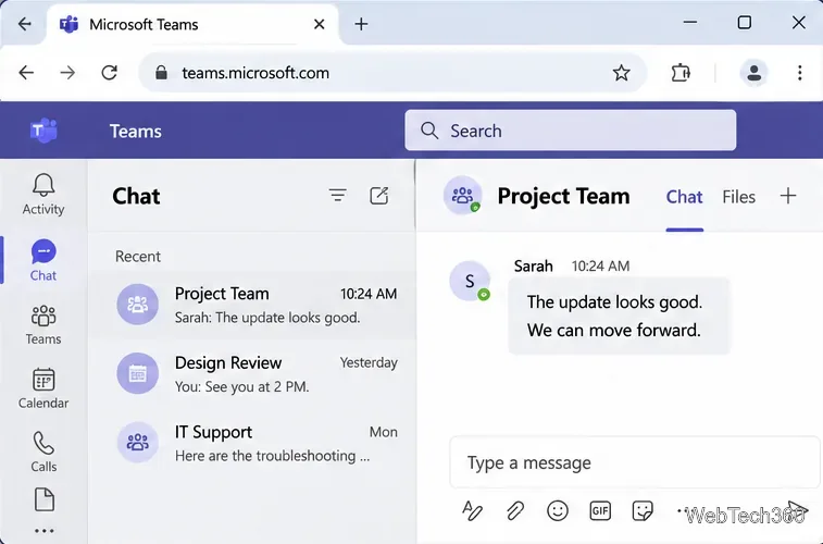Microsoft Teams s-a deschis într-un browser web la adresa teams.microsoft.com