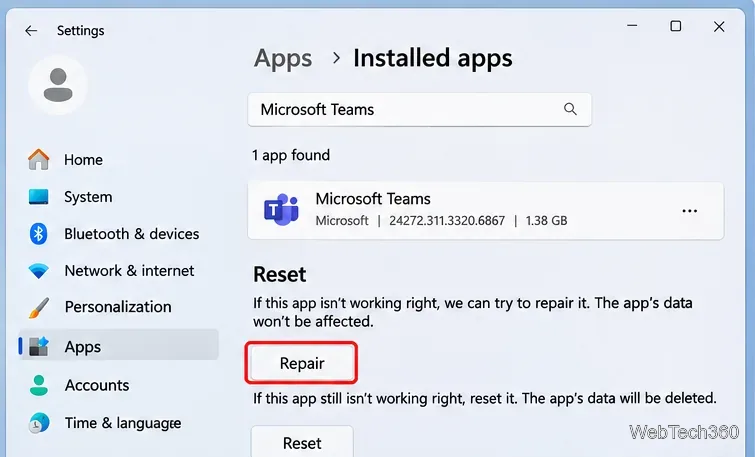 Setările aplicației Windows afișează butoane separate de Reparare și Resetare pentru Microsoft Teams