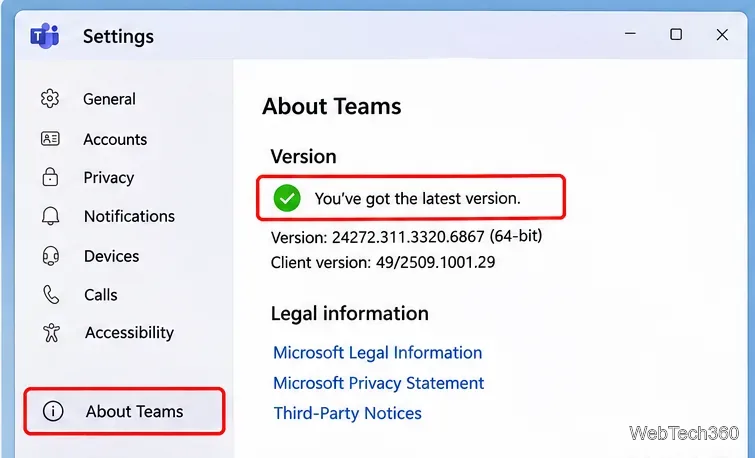Setările Microsoft Teams Despre Teams afișează o secțiune cu informații despre versiune