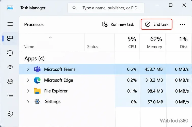Managerul de activități din Windows 11 cu Microsoft Teams selectat și butonul Încheiere activitate evidențiat