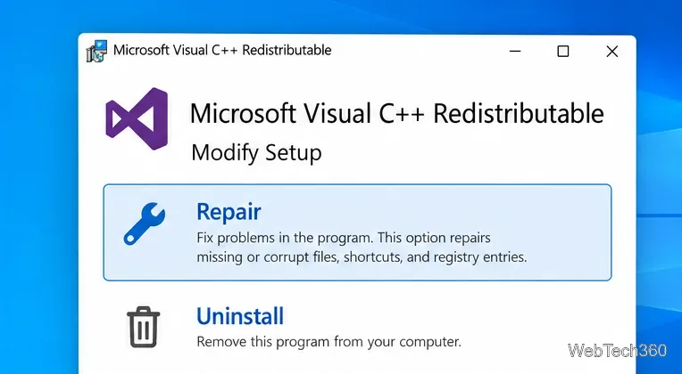 Окно обслуживания распространяемого пакета Microsoft Visual C++ с выбранным параметром «Восстановление».