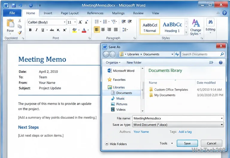 Caseta de dialog Salvare ca din Word 2010 este setată la Document Word (*.docx) pentru o nouă notă de întâlnire bazată pe un șablon.