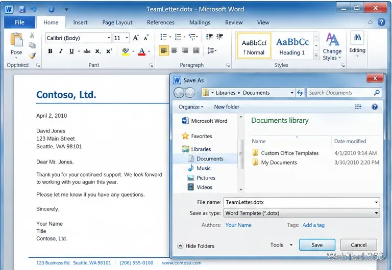 Caseta de dialog Salvare ca din Word 2010 este setată la Șablon Word (*.dotx) pentru un șablon reutilizabil de scrisoare de afaceri.