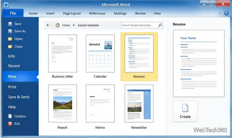 Galerie de șabloane Word 2010 care afișează previzualizări pentru scrisori de afaceri, calendar, CV, raport, memo și buletine informative, cu un CV selectat.