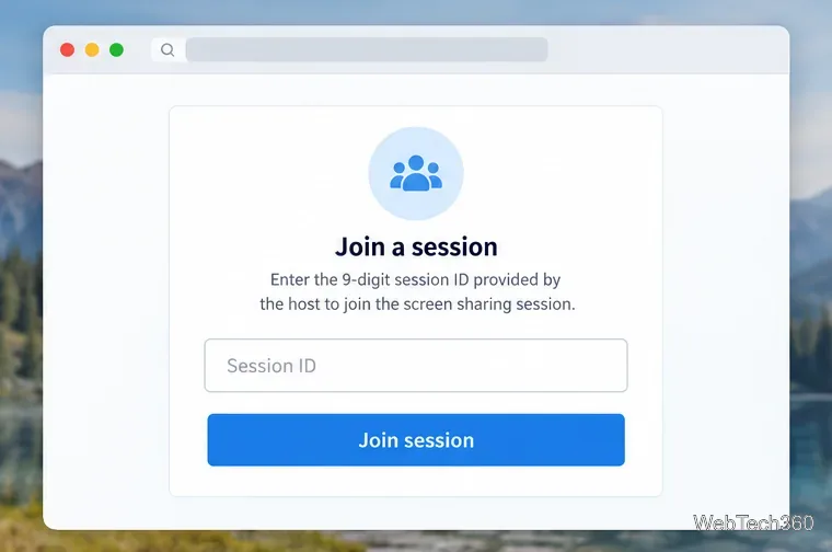 Formulaire conceptuel de navigateur demandant un identifiant de session à neuf chiffres pour rejoindre le partage d'écran